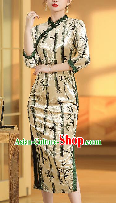 China Classical Qipao Dress Traditional Tang Suit Printing Bamboo Cheongsam Costume China Classical Qipao Dress Traditional Tang Suit Printing Bamboo Cheongsam Costume