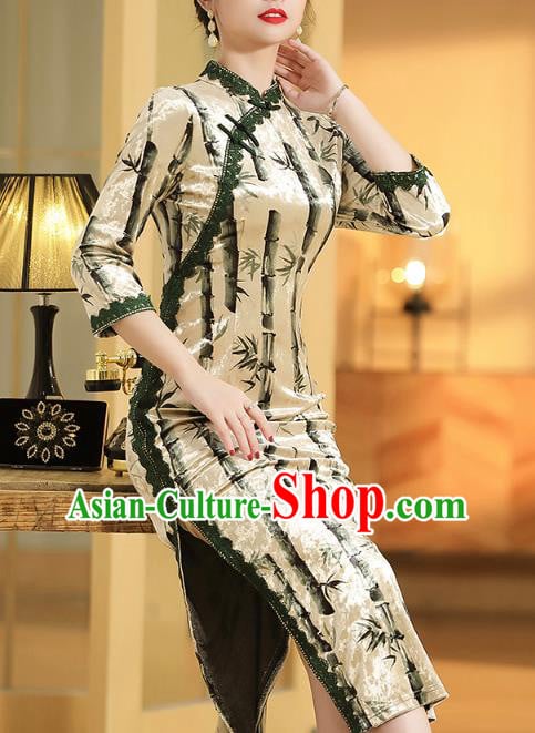 China Classical Qipao Dress Traditional Tang Suit Printing Bamboo Cheongsam Costume China Classical Qipao Dress Traditional Tang Suit Printing Bamboo Cheongsam Costume
