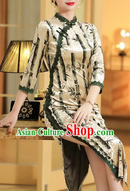China Classical Qipao Dress Traditional Tang Suit Printing Bamboo Cheongsam Costume China Classical Qipao Dress Traditional Tang Suit Printing Bamboo Cheongsam Costume