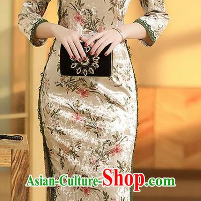 China Classical Beige Velvet Qipao Dress Traditional Tang Suit Printing Flowers Cheongsam Costume