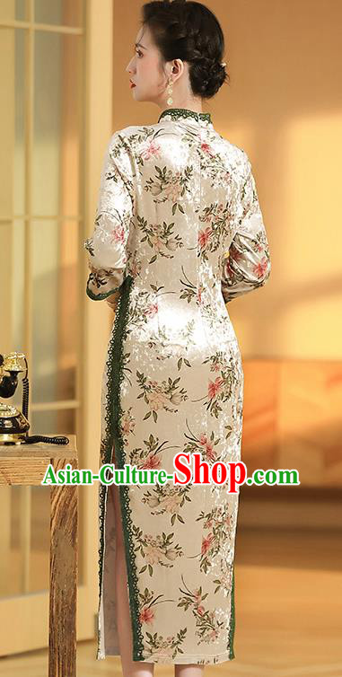 China Classical Beige Velvet Qipao Dress Traditional Tang Suit Printing Flowers Cheongsam Costume China Classical Beige Velvet Qipao Dress Traditional Tang Suit Printing Flowers Cheongsam Costume