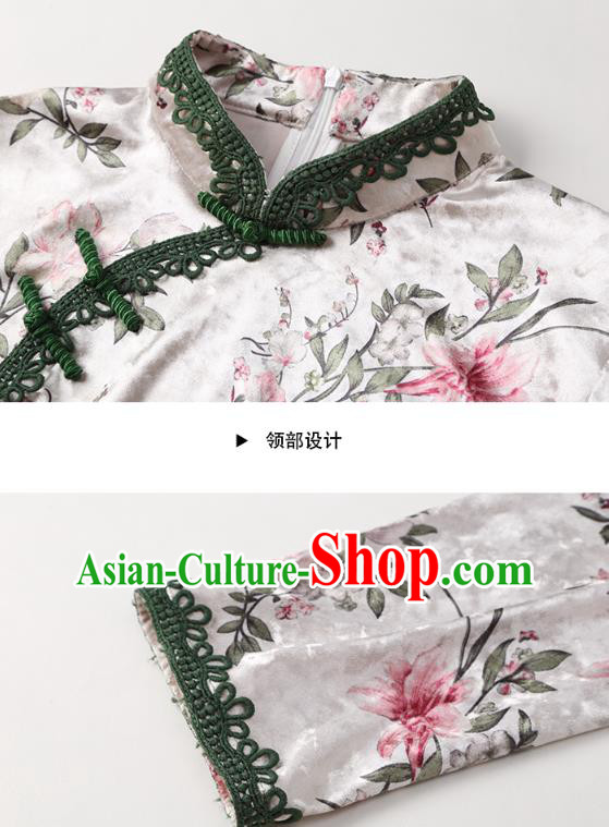 China Classical Beige Velvet Qipao Dress Traditional Tang Suit Printing Flowers Cheongsam Costume China Classical Beige Velvet Qipao Dress Traditional Tang Suit Printing Flowers Cheongsam Costume