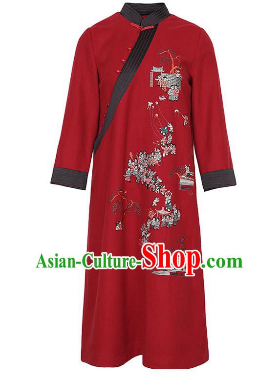 China Zen Costume Classical Qipao Dress Traditional Tang Suit Embroidered Red Woolen Cheongsam China Zen Costume Classical Qipao Dress Traditional Tang Suit Embroidered Red Woolen Cheongsam