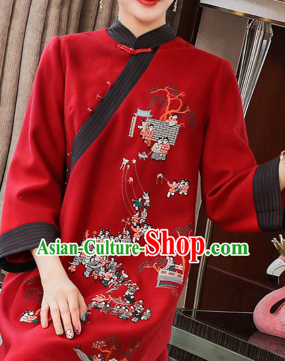 China Zen Costume Classical Qipao Dress Traditional Tang Suit Embroidered Red Woolen Cheongsam China Zen Costume Classical Qipao Dress Traditional Tang Suit Embroidered Red Woolen Cheongsam