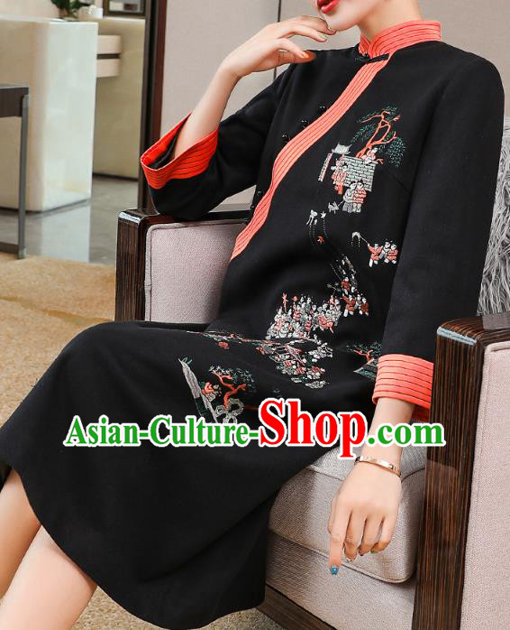 China Traditional Tang Suit Embroidered Cheongsam Zen Costume Classical Black Woolen Qipao Dress China Traditional Tang Suit Embroidered Cheongsam Zen Costume Classical Black Woolen Qipao Dress