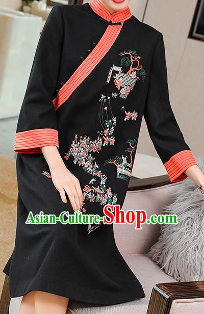 China Traditional Tang Suit Embroidered Cheongsam Zen Costume Classical Black Woolen Qipao Dress China Traditional Tang Suit Embroidered Cheongsam Zen Costume Classical Black Woolen Qipao Dress