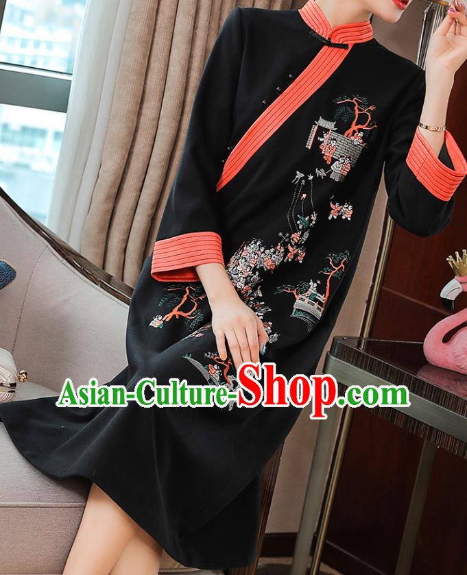 China Traditional Tang Suit Embroidered Cheongsam Zen Costume Classical Black Woolen Qipao Dress China Traditional Tang Suit Embroidered Cheongsam Zen Costume Classical Black Woolen Qipao Dress