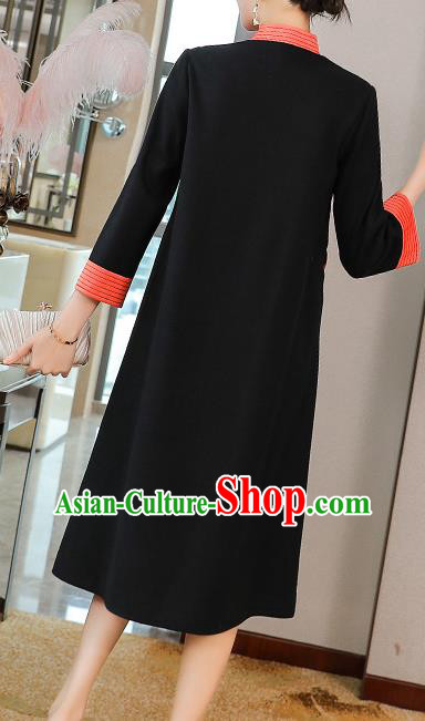 China Traditional Tang Suit Embroidered Cheongsam Zen Costume Classical Black Woolen Qipao Dress China Traditional Tang Suit Embroidered Cheongsam Zen Costume Classical Black Woolen Qipao Dress