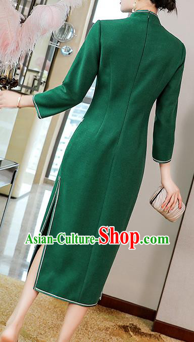 China Traditional Embroidered Green Wool Cheongsam Costume Classical Tang Suit Qipao Dress China Traditional Embroidered Green Wool Cheongsam Costume Classical Tang Suit Qipao Dress