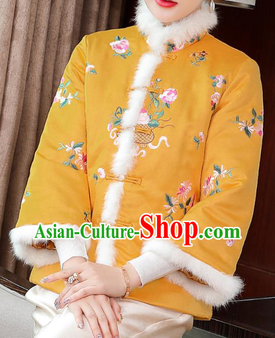 Chinese Traditional Embroidered Yellow Cotton Wadded Jacket Winter Tang Suit Overcoat Garment Chinese Traditional Embroidered Yellow Cotton Wadded Jacket Winter Tang Suit Overcoat Garment