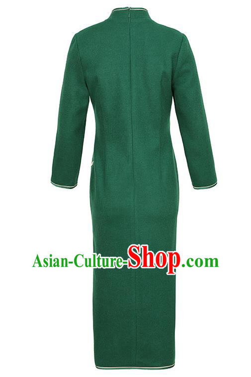China Traditional Embroidered Green Wool Cheongsam Costume Classical Tang Suit Qipao Dress China Traditional Embroidered Green Wool Cheongsam Costume Classical Tang Suit Qipao Dress