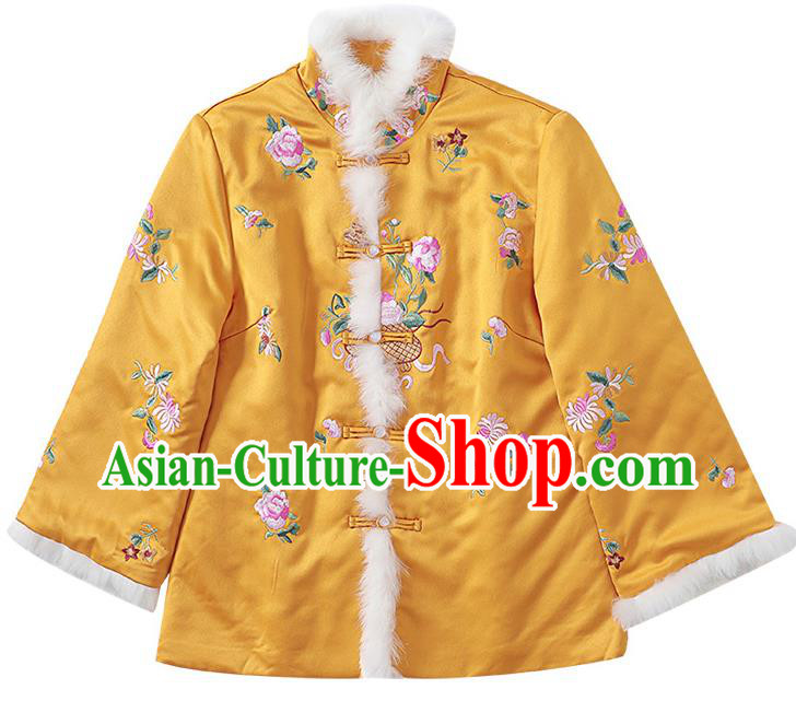 Chinese Traditional Embroidered Yellow Cotton Wadded Jacket Winter Tang Suit Overcoat Garment Chinese Traditional Embroidered Yellow Cotton Wadded Jacket Winter Tang Suit Overcoat Garment