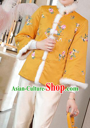 Chinese Traditional Embroidered Yellow Cotton Wadded Jacket Winter Tang Suit Overcoat Garment Chinese Traditional Embroidered Yellow Cotton Wadded Jacket Winter Tang Suit Overcoat Garment