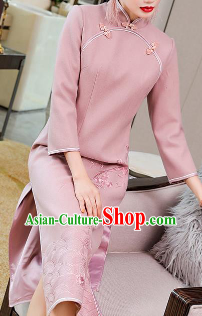 China Classical Tang Suit Qipao Dress Traditional Embroidered Pink Wool Cheongsam Costume China Classical Tang Suit Qipao Dress Traditional Embroidered Pink Wool Cheongsam Costume