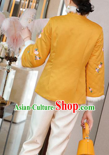 Chinese Traditional Embroidered Yellow Cotton Wadded Jacket Winter Tang Suit Overcoat Garment Chinese Traditional Embroidered Yellow Cotton Wadded Jacket Winter Tang Suit Overcoat Garment