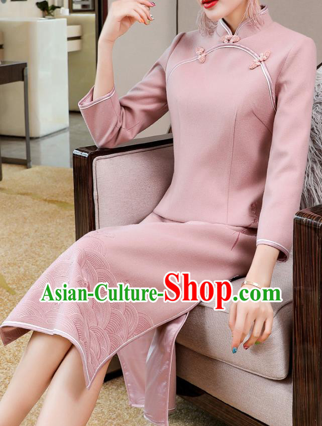 China Classical Tang Suit Qipao Dress Traditional Embroidered Pink Wool Cheongsam Costume China Classical Tang Suit Qipao Dress Traditional Embroidered Pink Wool Cheongsam Costume