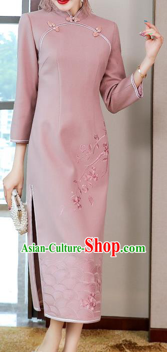 China Classical Tang Suit Qipao Dress Traditional Embroidered Pink Wool Cheongsam Costume China Classical Tang Suit Qipao Dress Traditional Embroidered Pink Wool Cheongsam Costume
