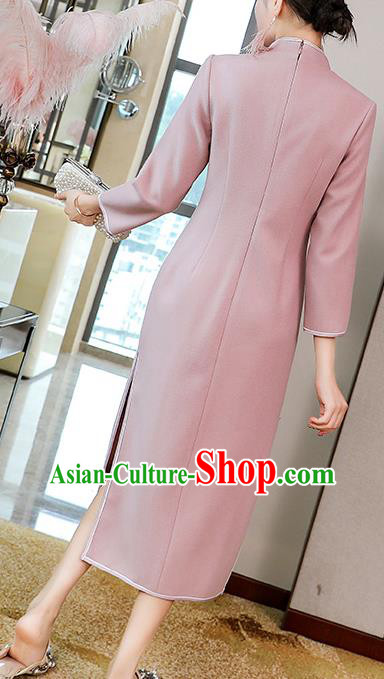 China Classical Tang Suit Qipao Dress Traditional Embroidered Pink Wool Cheongsam Costume China Classical Tang Suit Qipao Dress Traditional Embroidered Pink Wool Cheongsam Costume