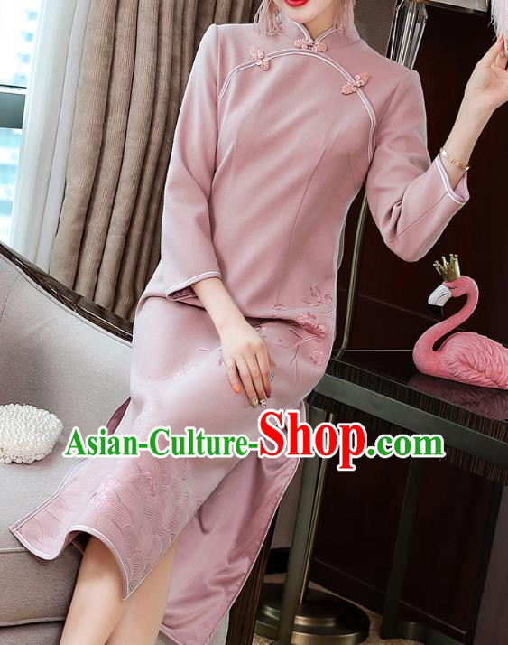 China Classical Tang Suit Qipao Dress Traditional Embroidered Pink Wool Cheongsam Costume China Classical Tang Suit Qipao Dress Traditional Embroidered Pink Wool Cheongsam Costume