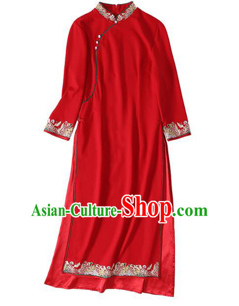 China Modern Dance Aodai Qipao Dress Traditional Tang Suit Embroidered Red Cheongsam Costume China Modern Dance Aodai Qipao Dress Traditional Tang Suit Embroidered Red Cheongsam Costume