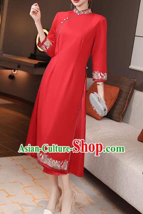 China Modern Dance Aodai Qipao Dress Traditional Tang Suit Embroidered Red Cheongsam Costume China Modern Dance Aodai Qipao Dress Traditional Tang Suit Embroidered Red Cheongsam Costume