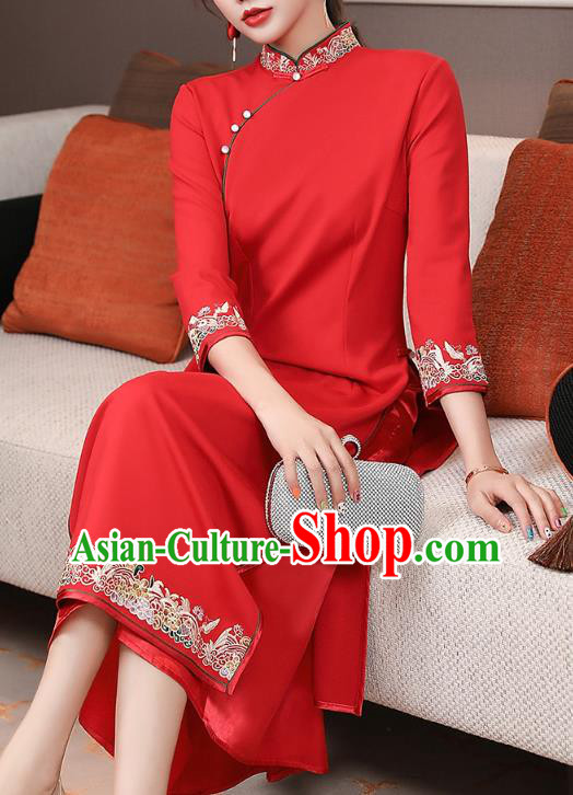 China Modern Dance Aodai Qipao Dress Traditional Tang Suit Embroidered Red Cheongsam Costume China Modern Dance Aodai Qipao Dress Traditional Tang Suit Embroidered Red Cheongsam Costume