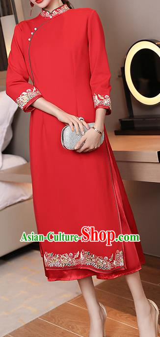 China Modern Dance Aodai Qipao Dress Traditional Tang Suit Embroidered Red Cheongsam Costume China Modern Dance Aodai Qipao Dress Traditional Tang Suit Embroidered Red Cheongsam Costume