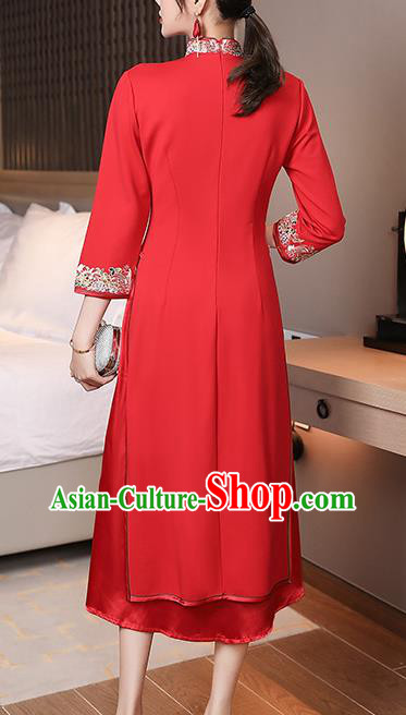 China Modern Dance Aodai Qipao Dress Traditional Tang Suit Embroidered Red Cheongsam Costume China Modern Dance Aodai Qipao Dress Traditional Tang Suit Embroidered Red Cheongsam Costume