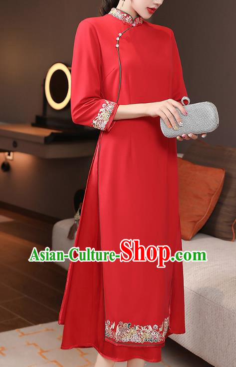 China Modern Dance Aodai Qipao Dress Traditional Tang Suit Embroidered Red Cheongsam Costume China Modern Dance Aodai Qipao Dress Traditional Tang Suit Embroidered Red Cheongsam Costume