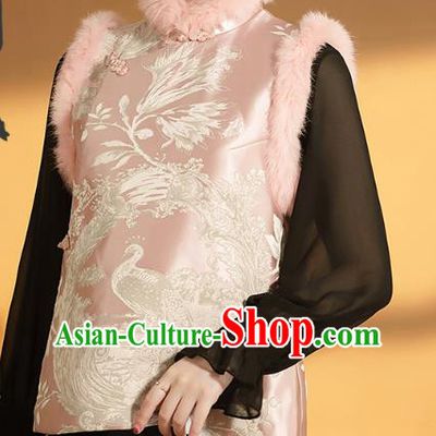 Chinese National Phoenix Pattern Cotton Wadded Waistcoat Traditional Tang Suit Pink Brocade Vest
