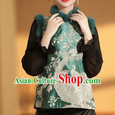 Chinese Traditional Tang Suit Green Brocade Vest National Phoenix Pattern Cotton Wadded Waistcoat