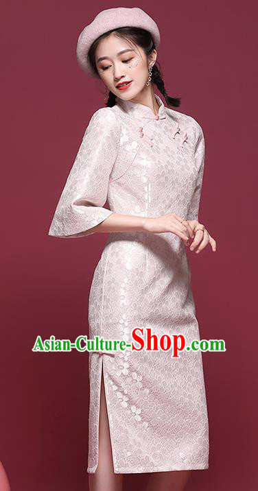 China National Tang Suit Light Pink Lace Cheongsam Modern Dance Trumpet Sleeve Qipao Dress China National Tang Suit Light Pink Lace Cheongsam Modern Dance Trumpet Sleeve Qipao Dress
