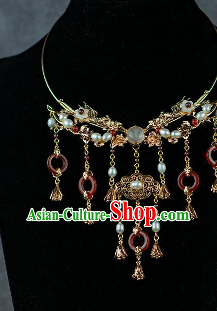 China Classical Wedding Necklace Accessories Traditional Ming Dynasty Princess Red Agate Tassel Necklet China Classical Wedding Necklace Accessories Traditional Ming Dynasty Princess Red Agate Tassel Necklet