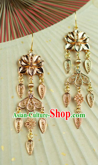 China Traditional Tang Dynasty Princess Ear Accessories Ancient Palace Lady Golden Lotus Earrings China Traditional Tang Dynasty Princess Ear Accessories Ancient Palace Lady Golden Lotus Earrings