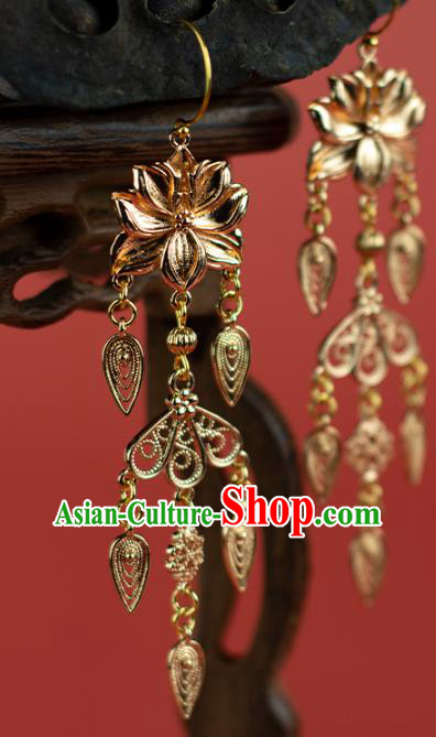 China Traditional Tang Dynasty Princess Ear Accessories Ancient Palace Lady Golden Lotus Earrings China Traditional Tang Dynasty Princess Ear Accessories Ancient Palace Lady Golden Lotus Earrings