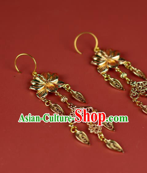 China Traditional Tang Dynasty Princess Ear Accessories Ancient Palace Lady Golden Lotus Earrings China Traditional Tang Dynasty Princess Ear Accessories Ancient Palace Lady Golden Lotus Earrings