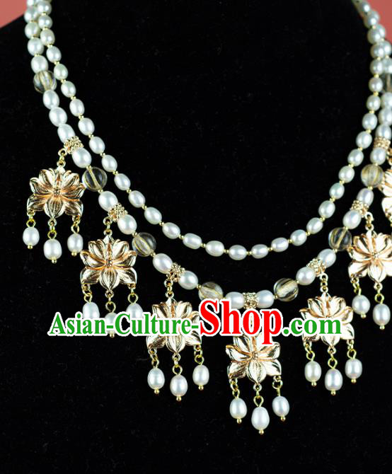 China Classical Golden Lotus Necklace Accessories Traditional Tang Dynasty Princess Pearls Necklet China Classical Golden Lotus Necklace Accessories Traditional Tang Dynasty Princess Pearls Necklet