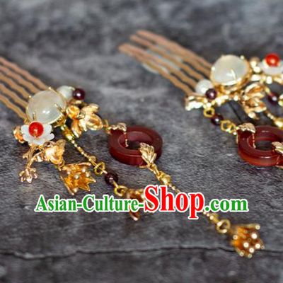 Chinese Traditional Hanfu Hair Accessories Agate Hairpin Ancient Ming Dynasty Princess Tassel Hair Combs
