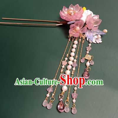 Chinese Ancient Princess Tassel Hairpin Hanfu Hair Accessories Traditional Ming Dynasty Pink Lotus Hair Comb