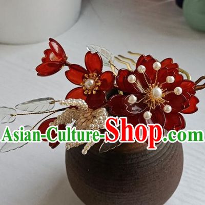 Chinese Ancient Palace Lady Hair Comb Hanfu Hair Accessories Traditional Ming Dynasty Red Peony Hair Stick