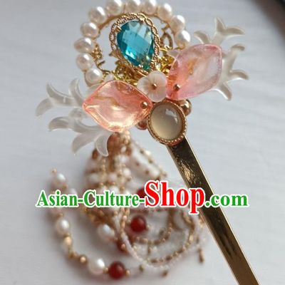 Chinese Ancient Palace Lady Beads Tassel Hairpin Hanfu Hair Accessories Traditional Ming Dynasty Shell Hair Stick