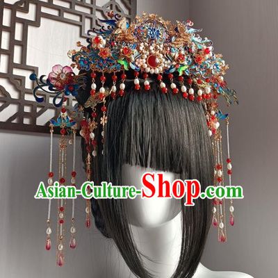 Chinese Ancient Empress Cloisonne Hair Crown Hanfu Hair Accessories Traditional Qing Dynasty Phoenix Coronet