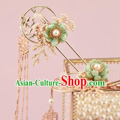 Chinese Handmade Hair Accessories Ancient Hanfu Tassel Hair Stick Traditional Green Flower Hairpin