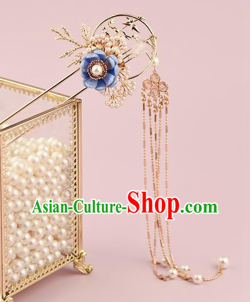 Chinese Traditional Blue Flower Hairpin Handmade Hair Accessories Ancient Hanfu Tassel Hair Stick Chinese Traditional Blue Flower Hairpin Handmade Hair Accessories Ancient Hanfu Tassel Hair Stick