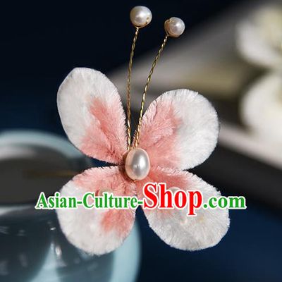 Chinese Traditional Cheongsam Pearls Hairpin Hair Accessories Ancient Princess Pink Velvet Butterfly Hair Stick
