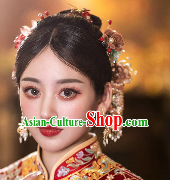 Chinese Traditional Wedding Hair Accessories Classical Xiuhe Suit Velvet Flowers Hairpins Full Set Chinese Traditional Wedding Hair Accessories Classical Xiuhe Suit Velvet Flowers Hairpins Full Set