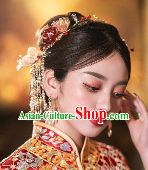 Chinese Traditional Wedding Hair Accessories Classical Xiuhe Suit Velvet Flowers Hairpins Full Set Chinese Traditional Wedding Hair Accessories Classical Xiuhe Suit Velvet Flowers Hairpins Full Set