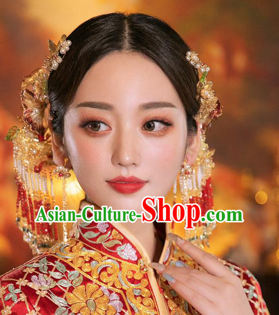 Chinese Traditional Wedding Bride Hair Accessories Classical Xiuhe Suit Beads Tassel Hairpins Chinese Traditional Wedding Bride Hair Accessories Classical Xiuhe Suit Beads Tassel Hairpins