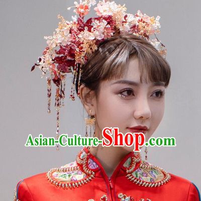 Chinese Bride Phoenix Coronet Traditional Wedding Hair Accessories Classical Xiuhe Suit Flowers Hair Crown