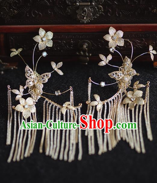 China Handmade Ancient Bride Golden Butterfly Tassel Earrings Traditional Wedding Ear Accessories China Handmade Ancient Bride Golden Butterfly Tassel Earrings Traditional Wedding Ear Accessories